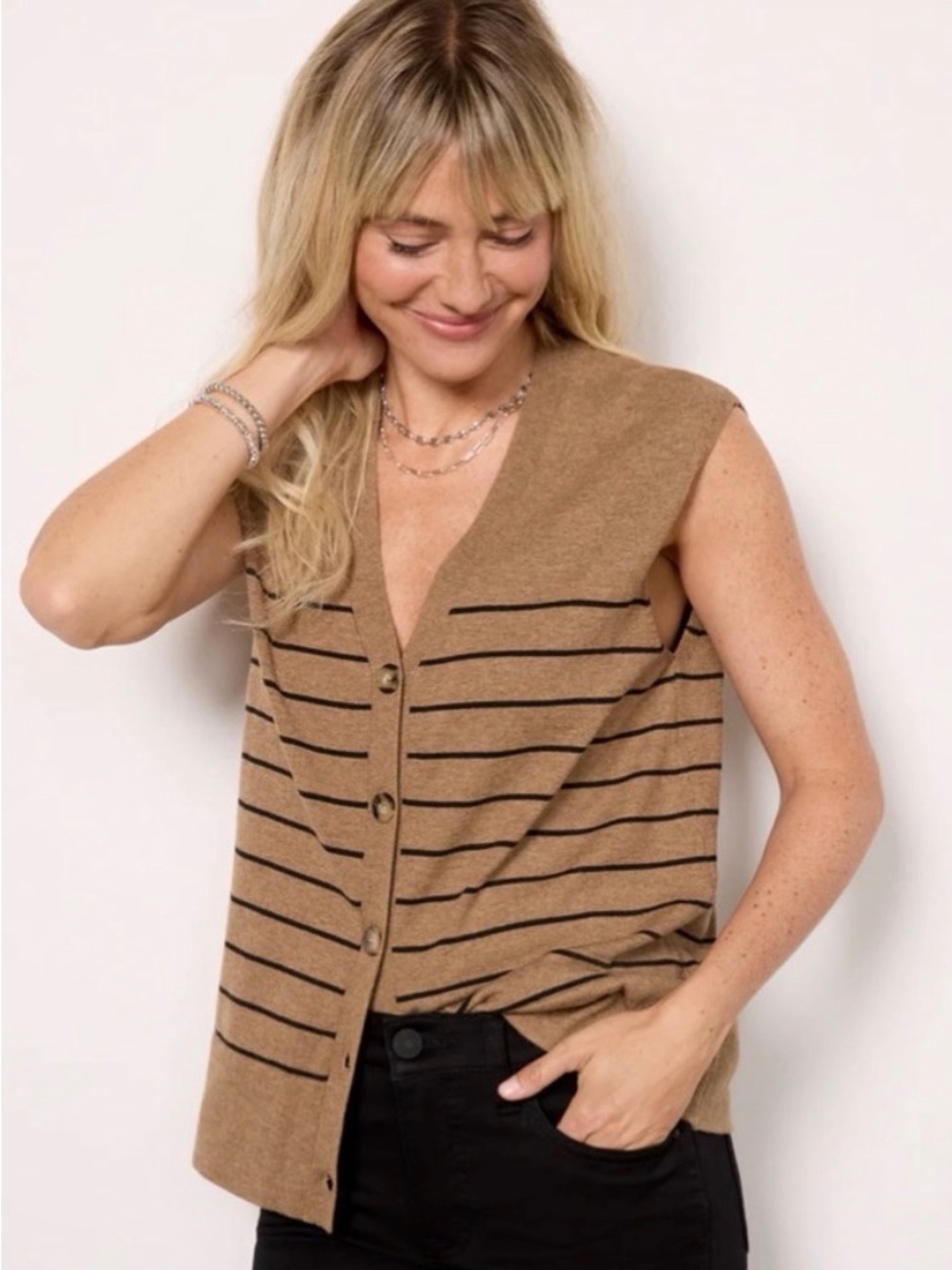 John + Jenn Adeline Camel and Black Striped Knit Vest